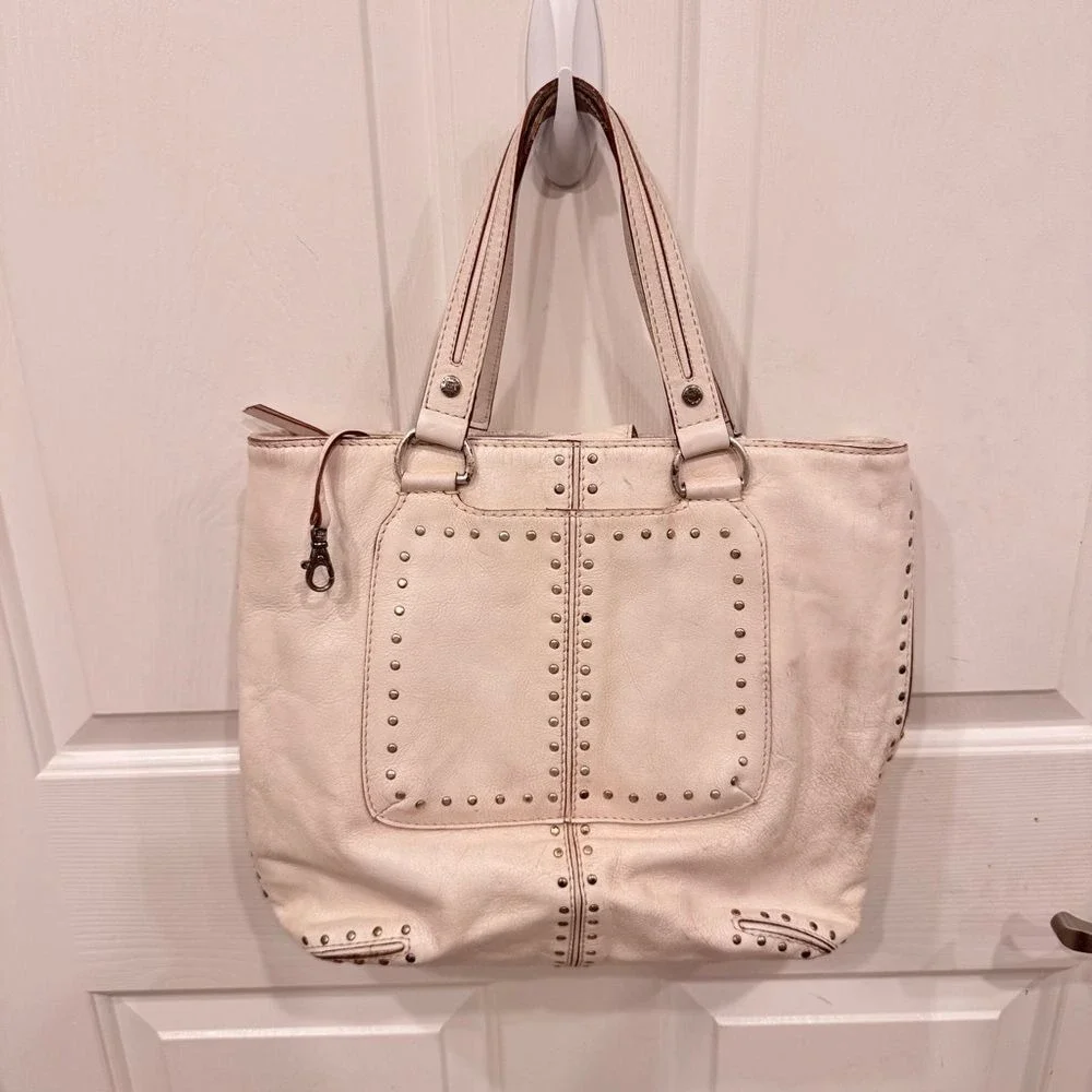 Michael Kors Astor older Studded cream leather big tote well made loved 13x12x3